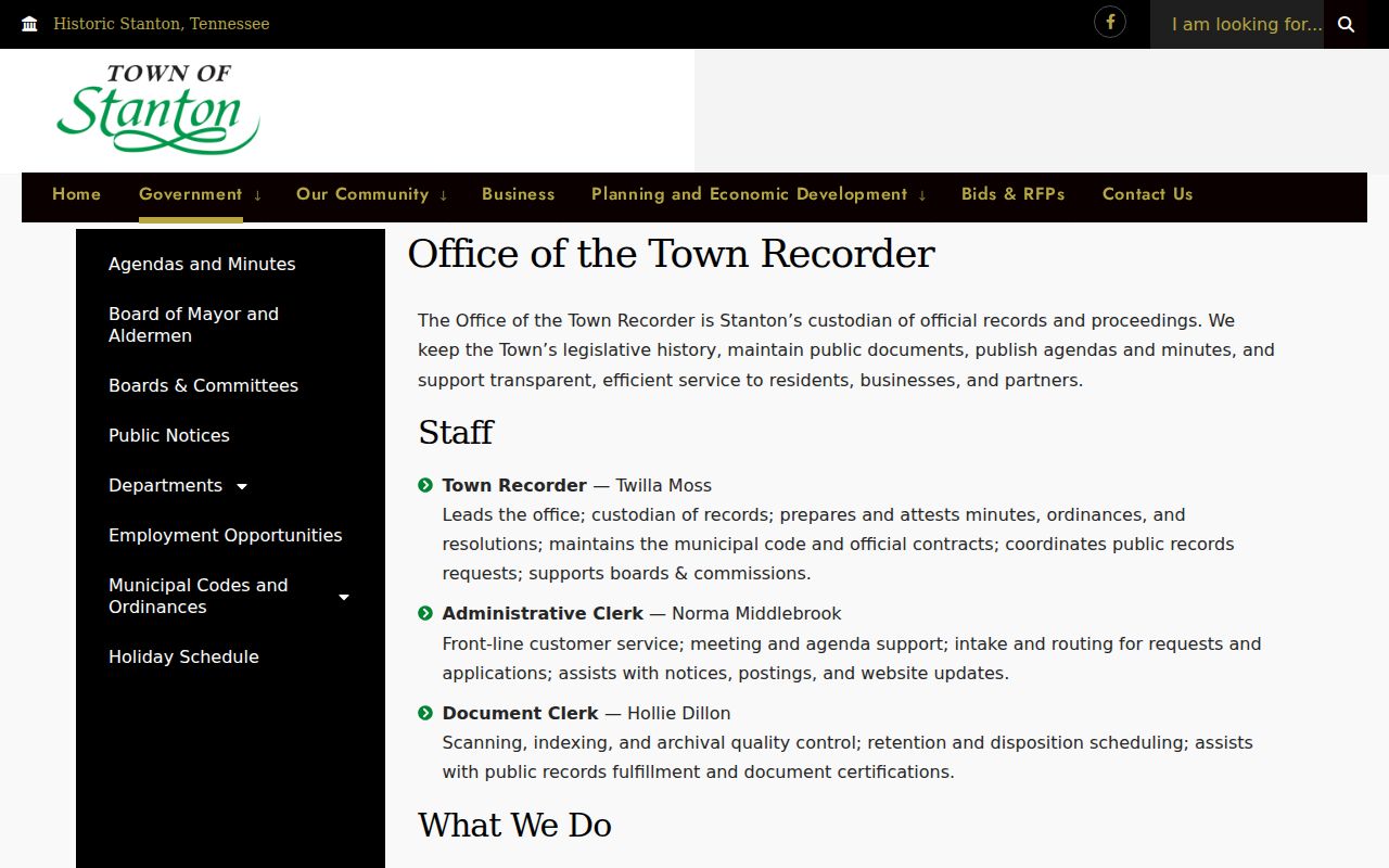 Stanton warrant records, Town Recorder and public-record request instructions