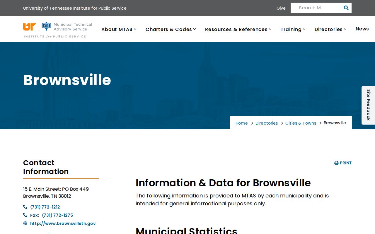 Brownsville warrant records, UT MTAS municipal profile and City Court contact fields